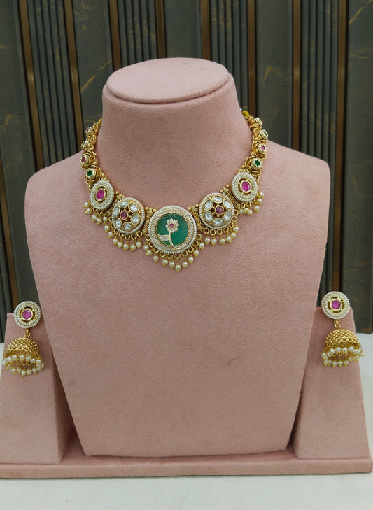 Gold Ruby Sage Green Polki Kundan Necklace Jewellery Reeta Set
