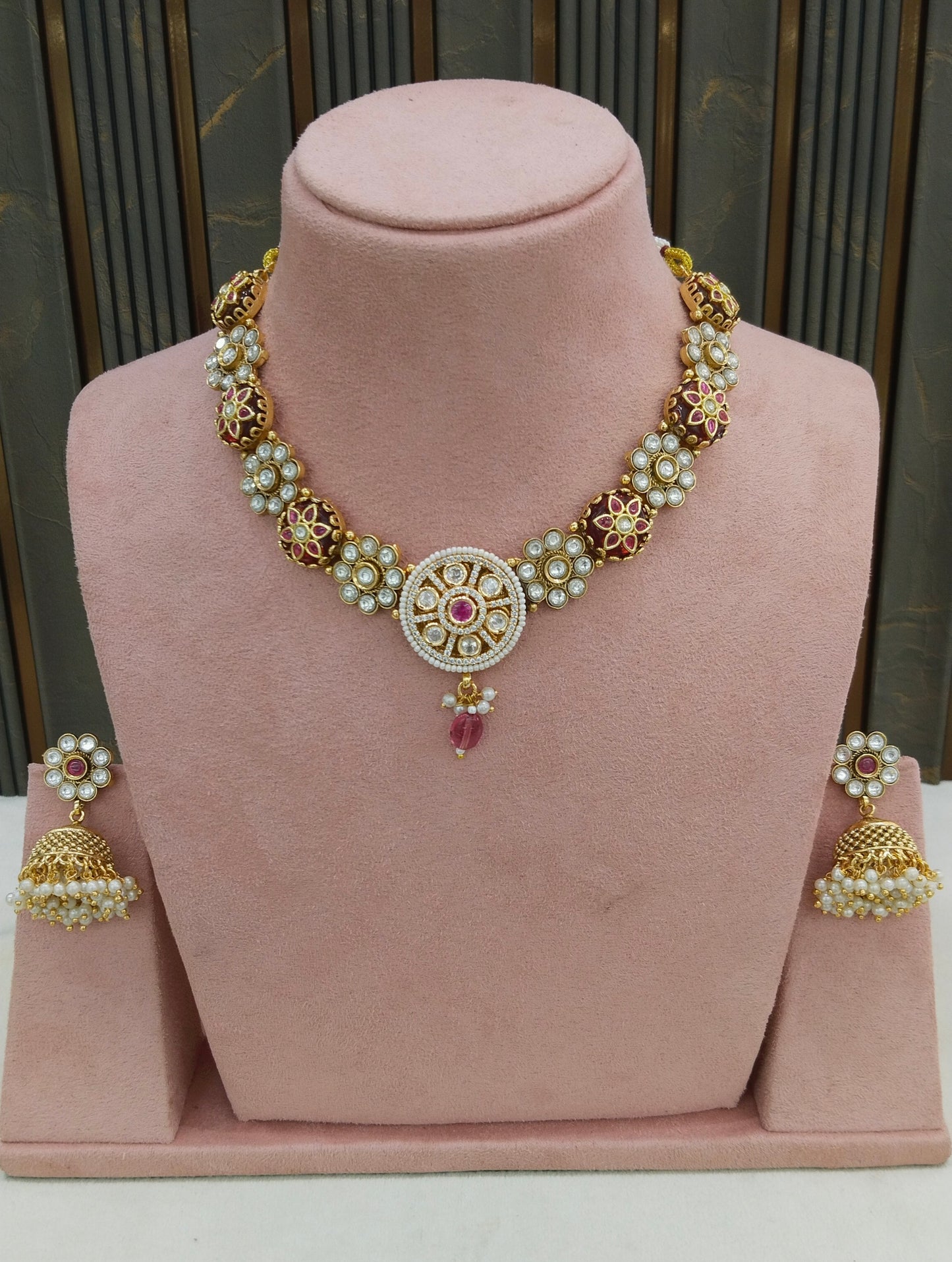 Gold Ruby Polki Kundan Necklace Jewellery Reeta Set