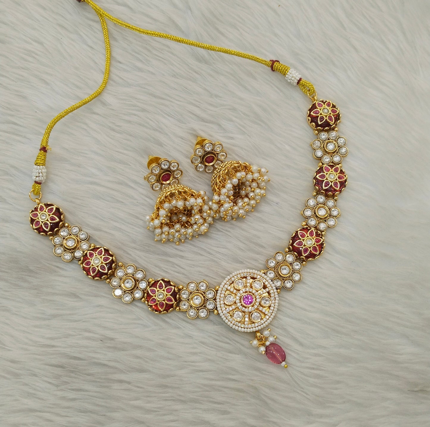 Gold Ruby Polki Kundan Necklace Jewellery Reeta Set