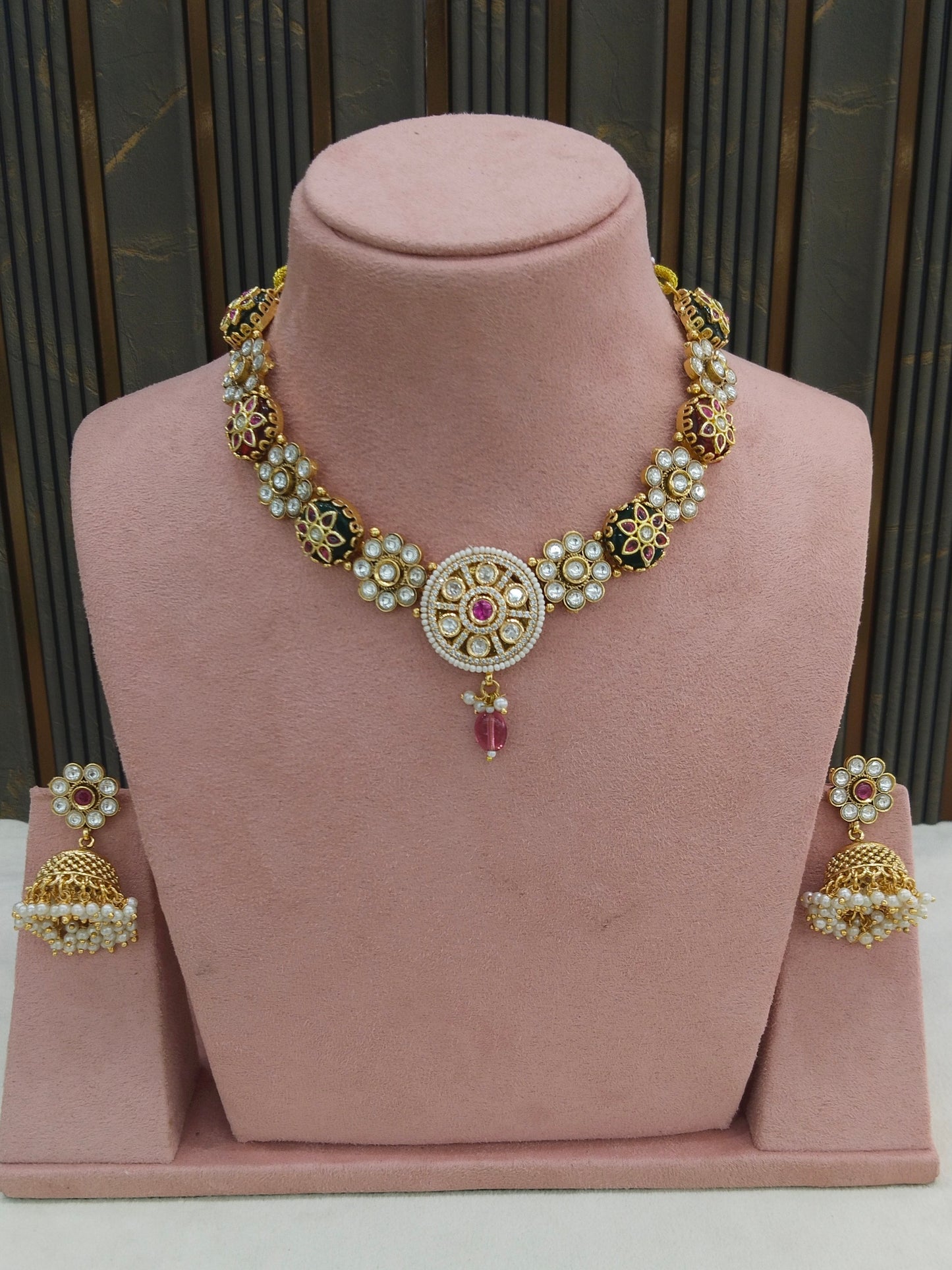 Gold Ruby Green Polki Kundan Necklace Jewellery Reeta Set