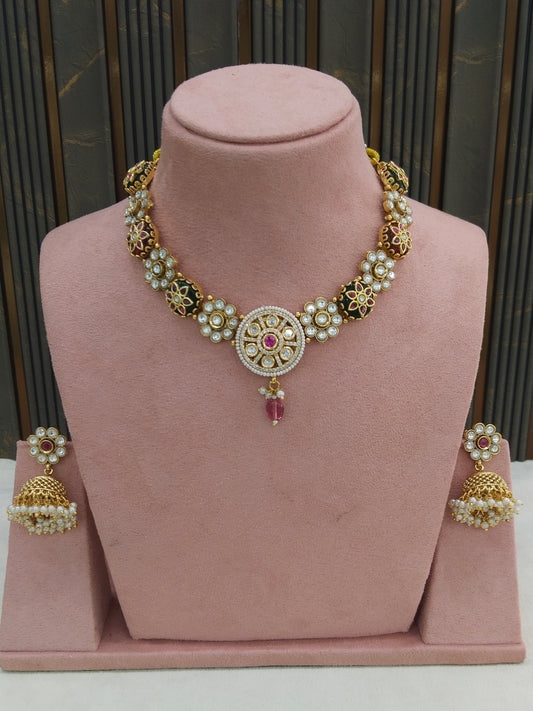 Gold Ruby Green Polki Kundan Necklace Jewellery Reeta Set