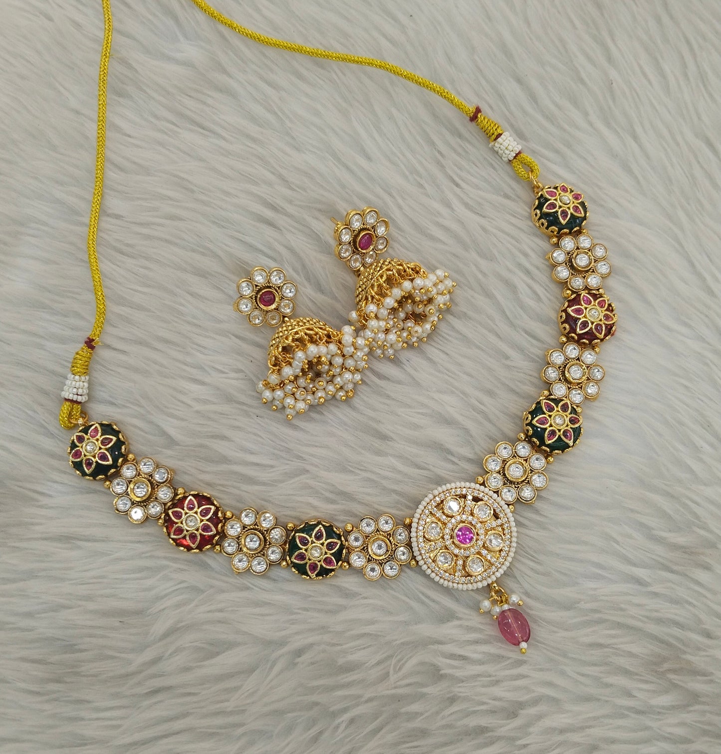 Gold Ruby Green Polki Kundan Necklace Jewellery Reeta Set