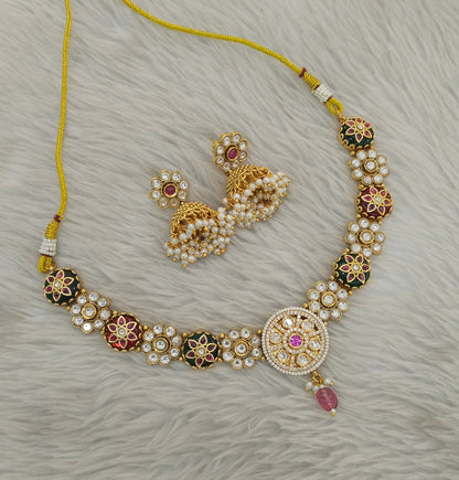 Gold Ruby Green Polki Kundan Necklace Jewellery Reeta Set