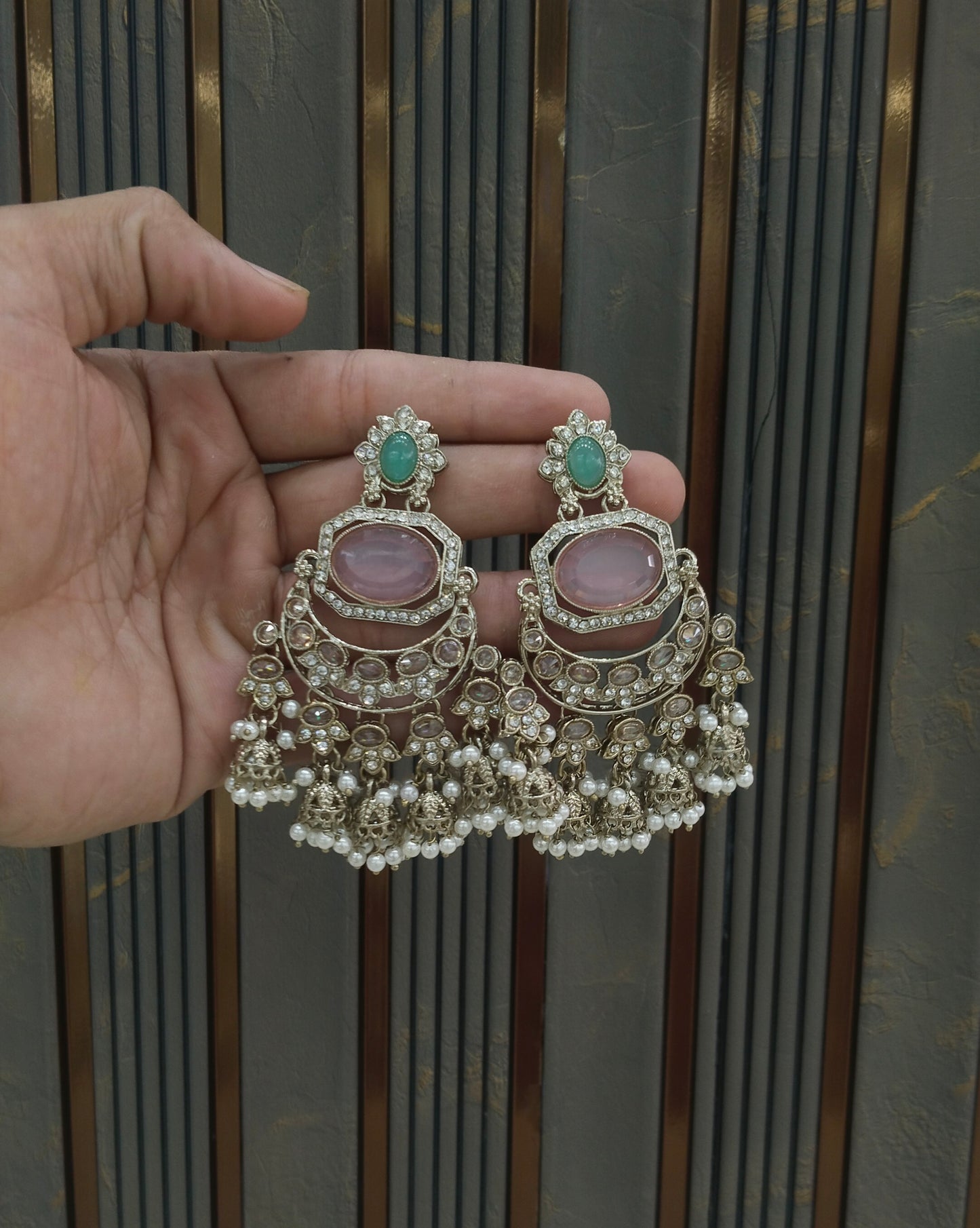 Antique Gold Mint Pink Bollywood Joye Earrings