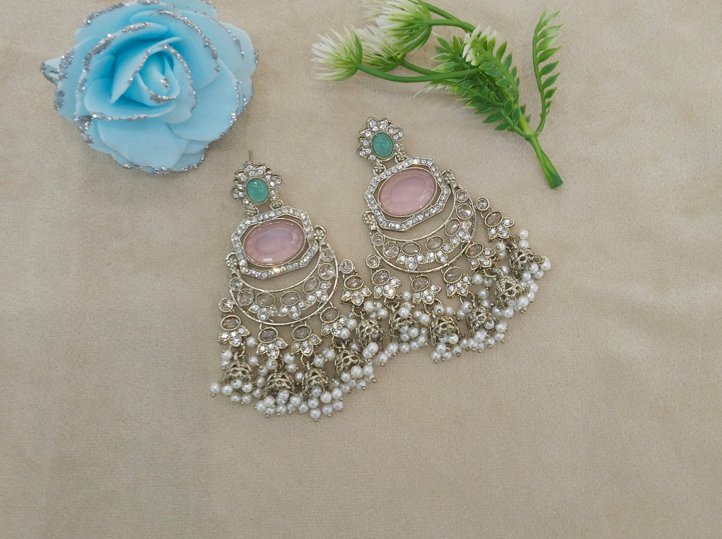Antique Gold Mint Pink Bollywood Joye Earrings