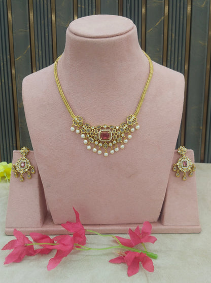Gold Ruby American Diamond Ad Maron Necklace Sets