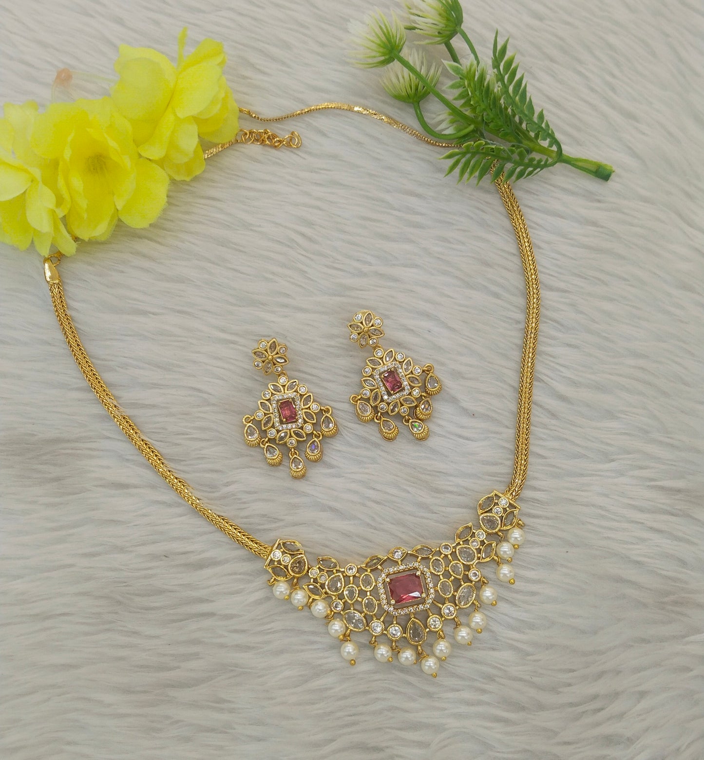 Gold Ruby American Diamond Ad Maron Necklace Sets