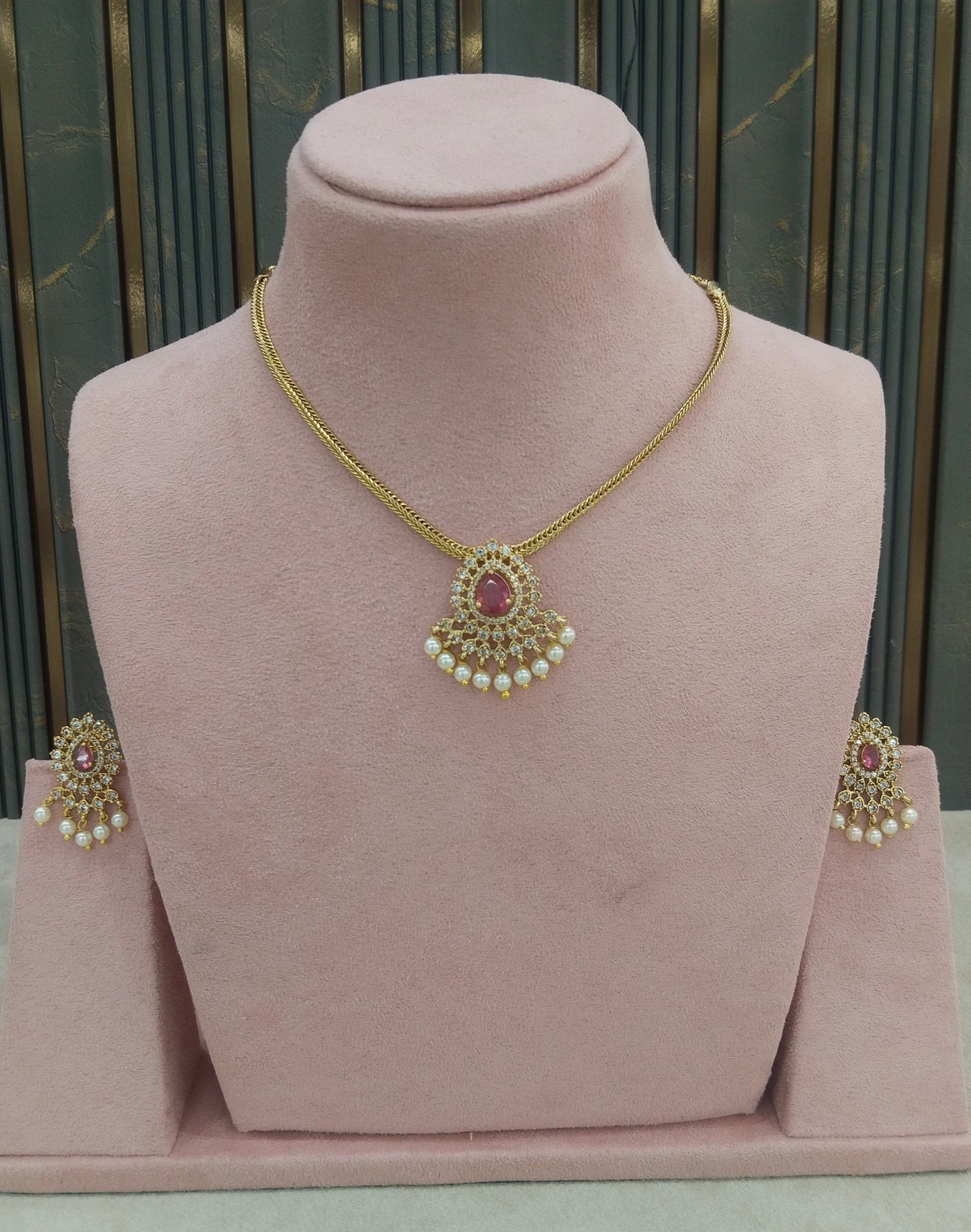 Gold Ruby American Diamond Ad Maron Necklace Sets