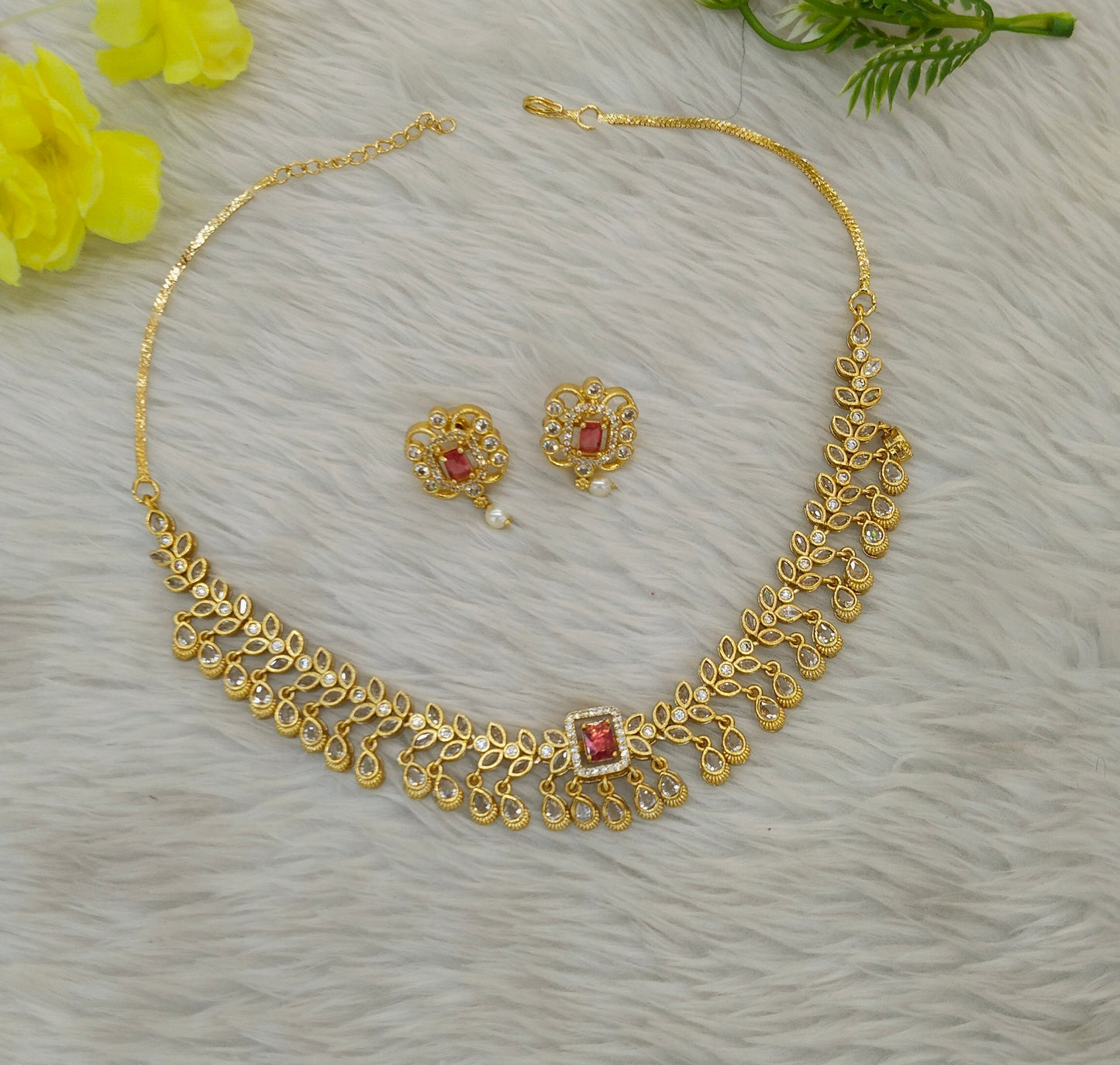Gold Change Able Stone American Diamond Ad Maron Necklace Sets