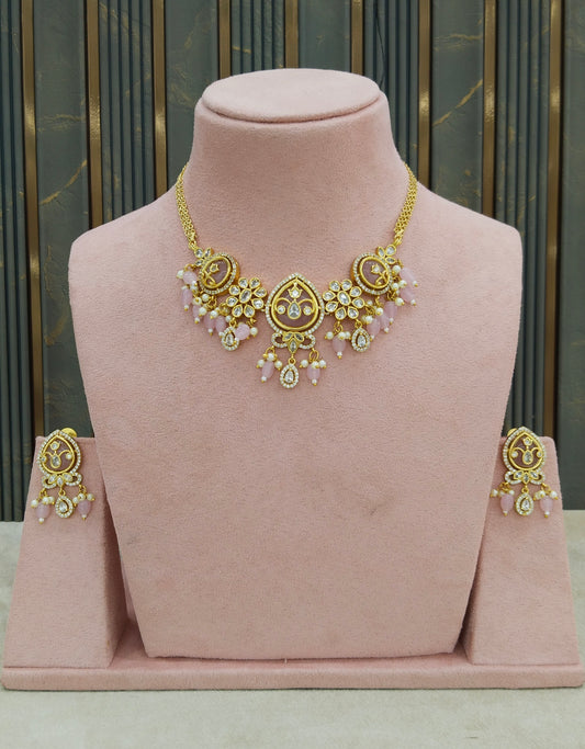 Gold Pink American Diamond Ad Disny Necklace Sets