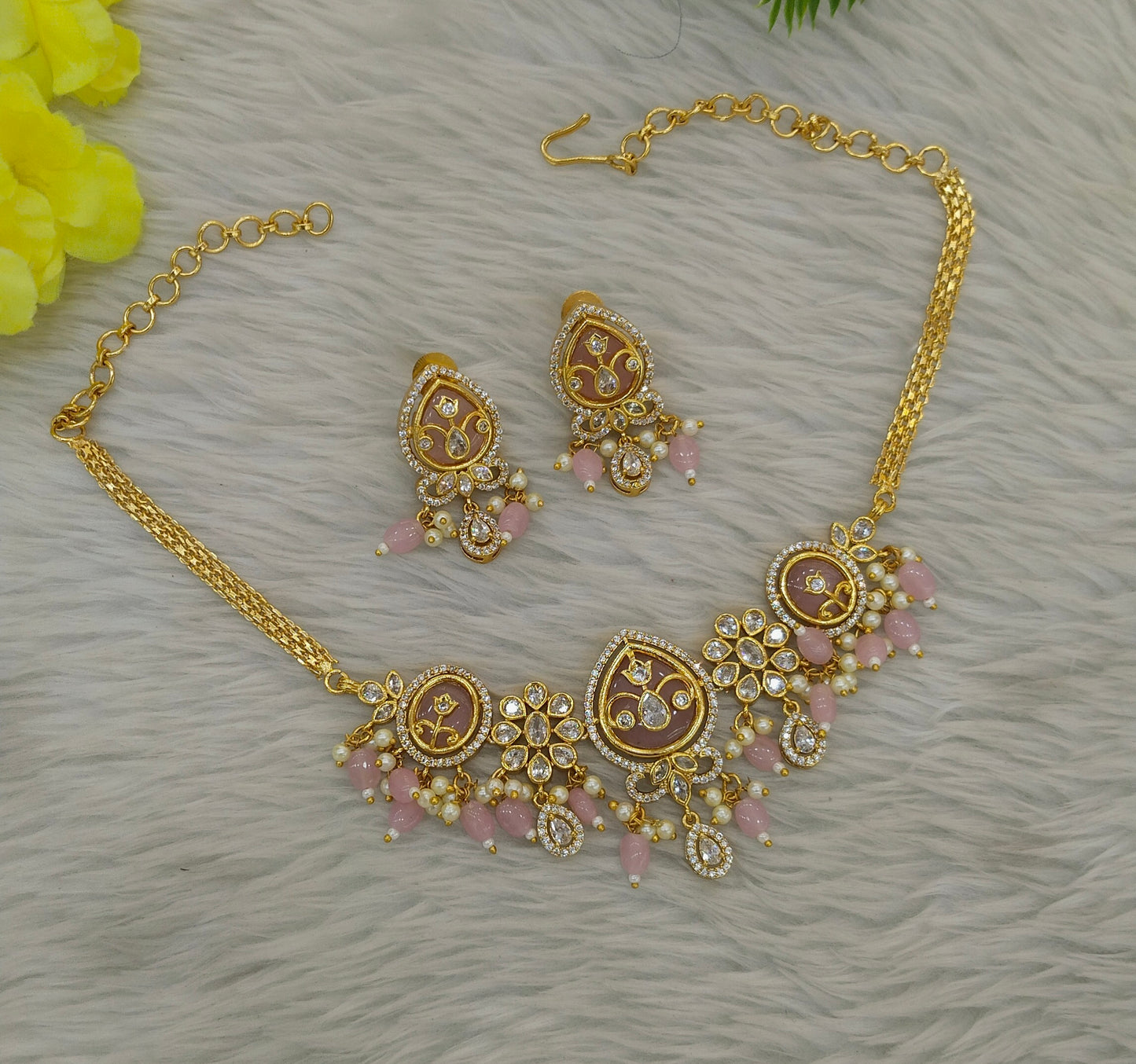 Gold Pink American Diamond Ad Disny Necklace Sets