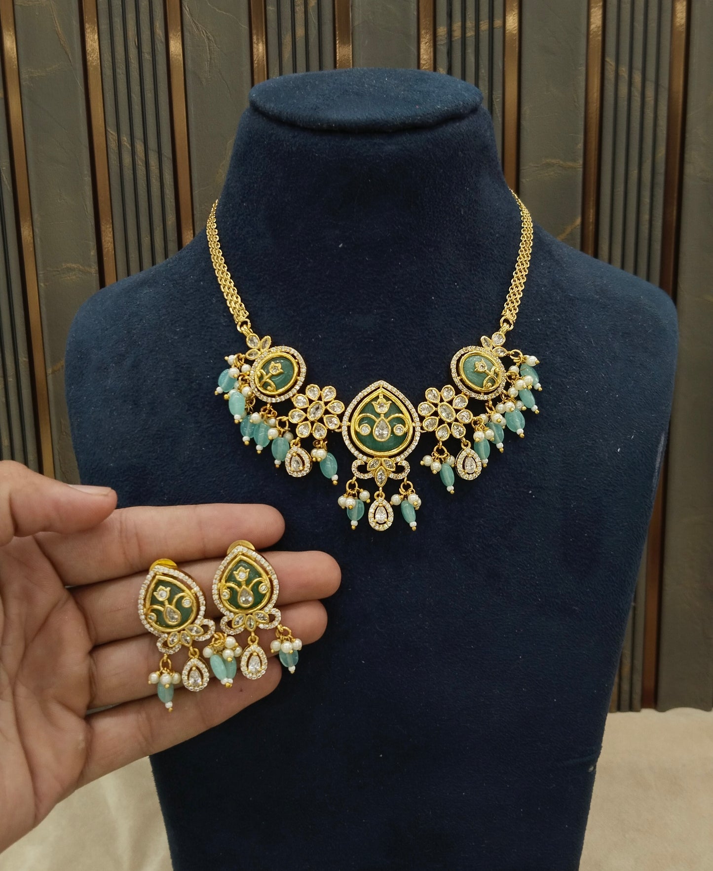 Gold Sea Green American Diamond Ad Disny Necklace Sets