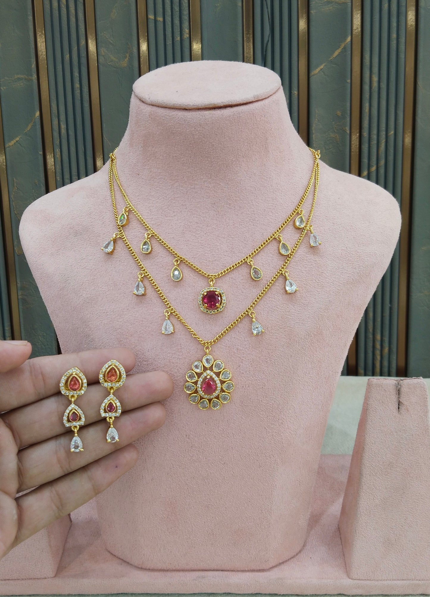 Gold Ruby American Diamond Ad Disny Necklace Sets