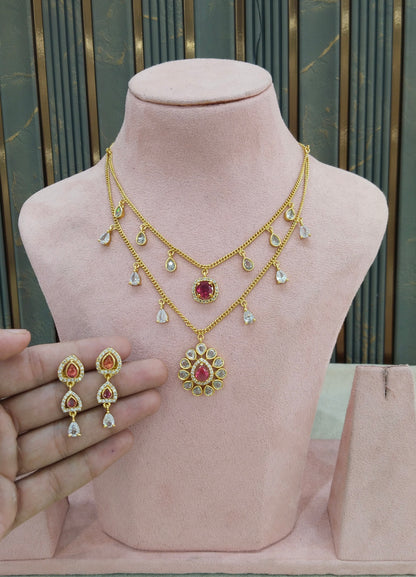 Gold Ruby American Diamond Ad Disny Necklace Sets