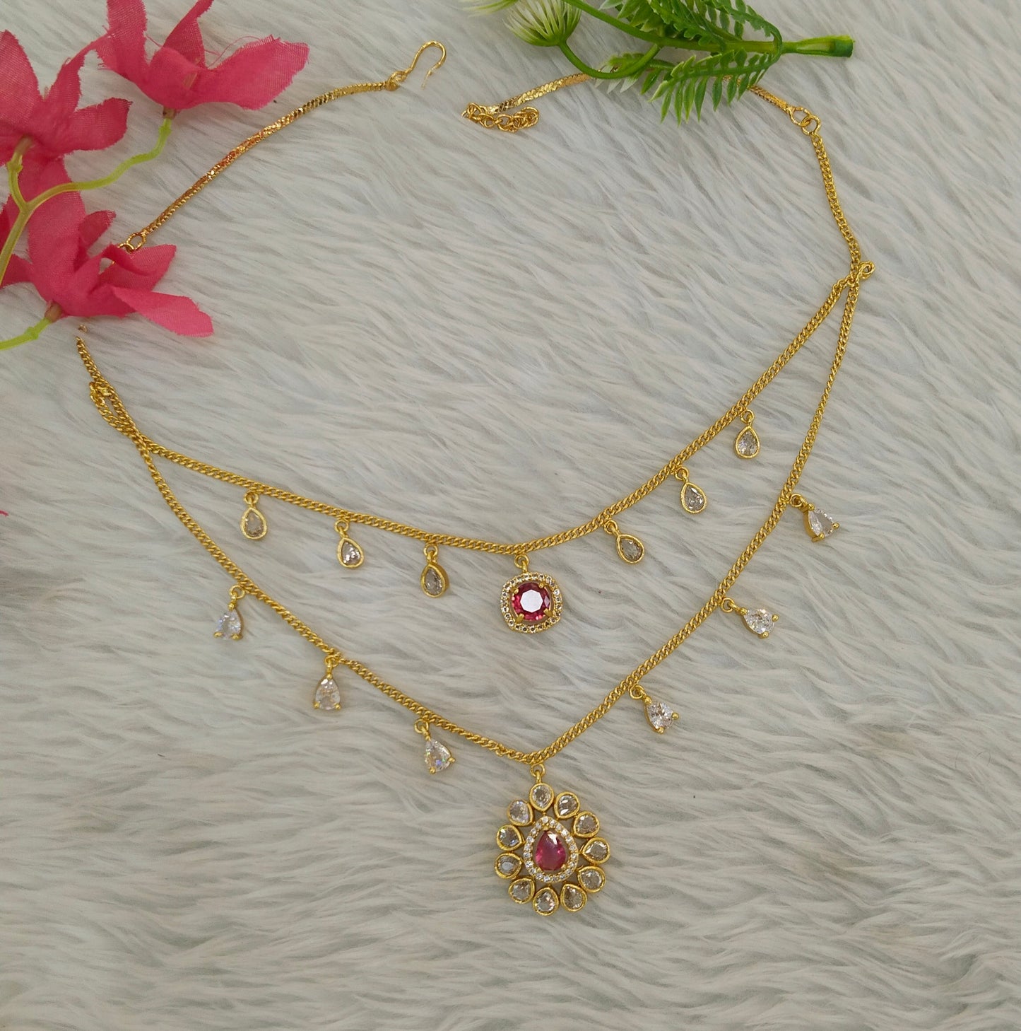 Gold Ruby American Diamond Ad Disny Necklace Sets