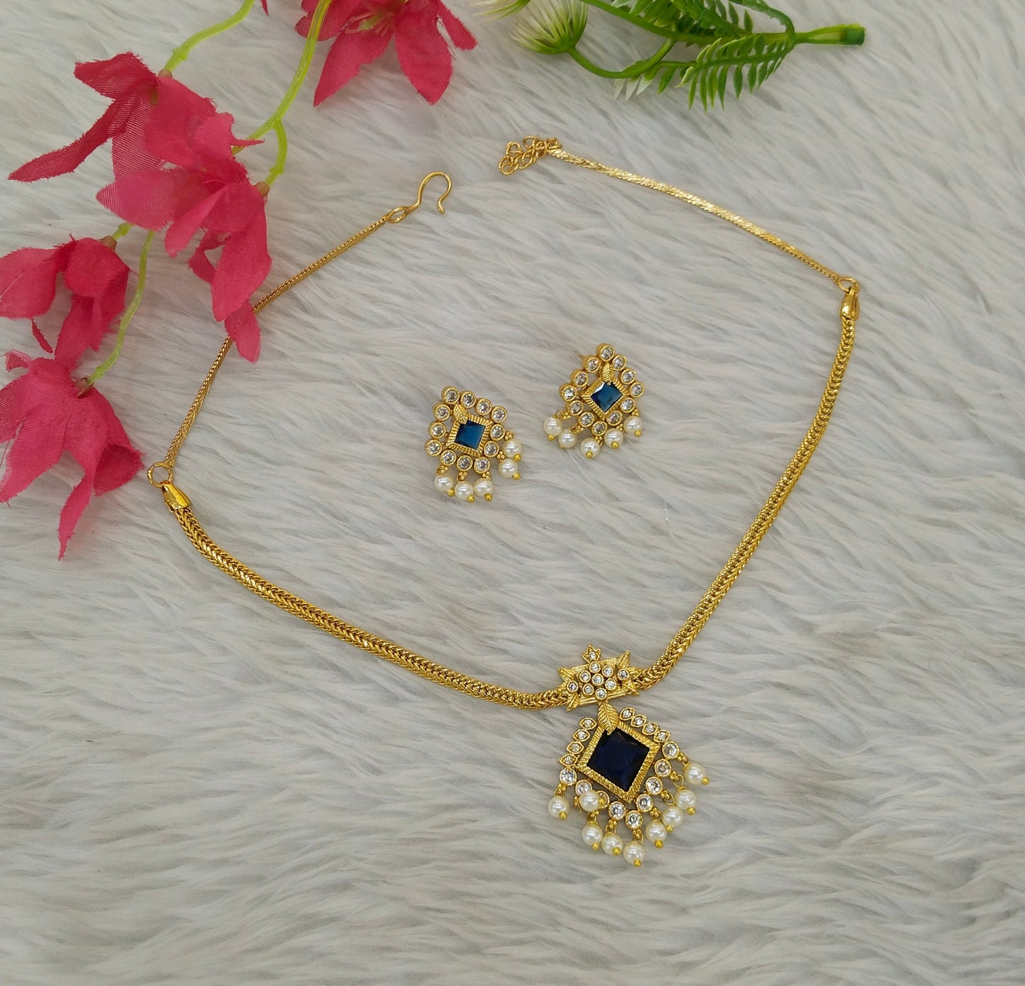 Gold Blue American Diamond Ad Disny Necklace Sets