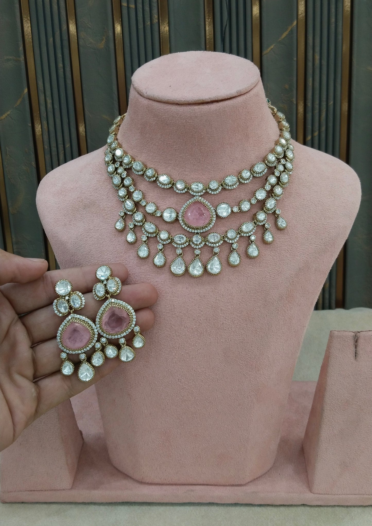 Antique Moissanite Pink Kundan Necklace Jewellery Erin Set