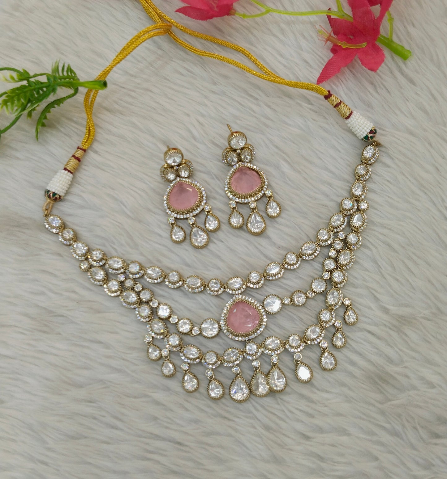 Antique Moissanite Pink Kundan Necklace Jewellery Erin Set