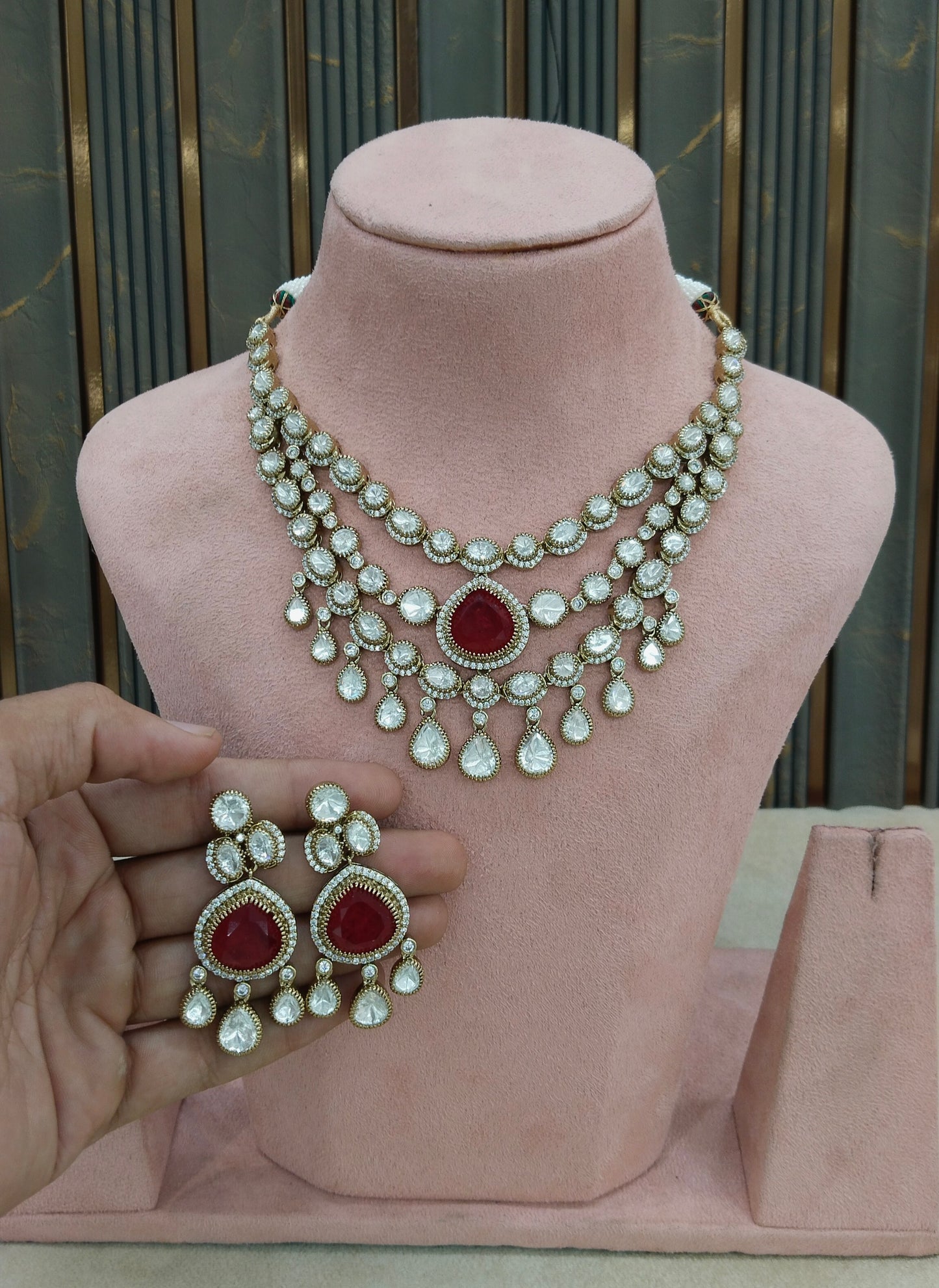 Antique Moissanite Maroon Kundan Necklace Jewellery Erin Set