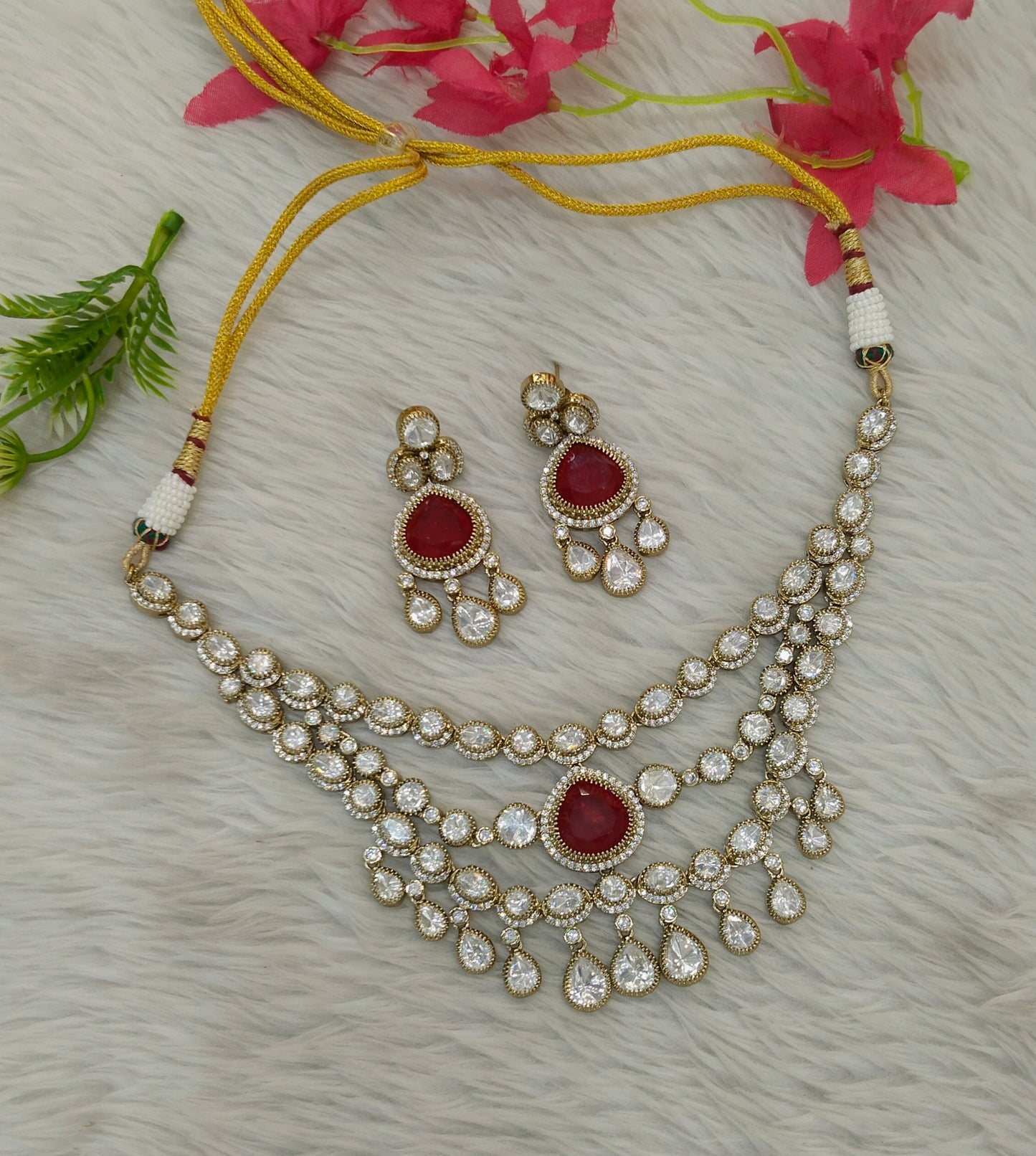 Antique Moissanite Maroon Kundan Necklace Jewellery Erin Set