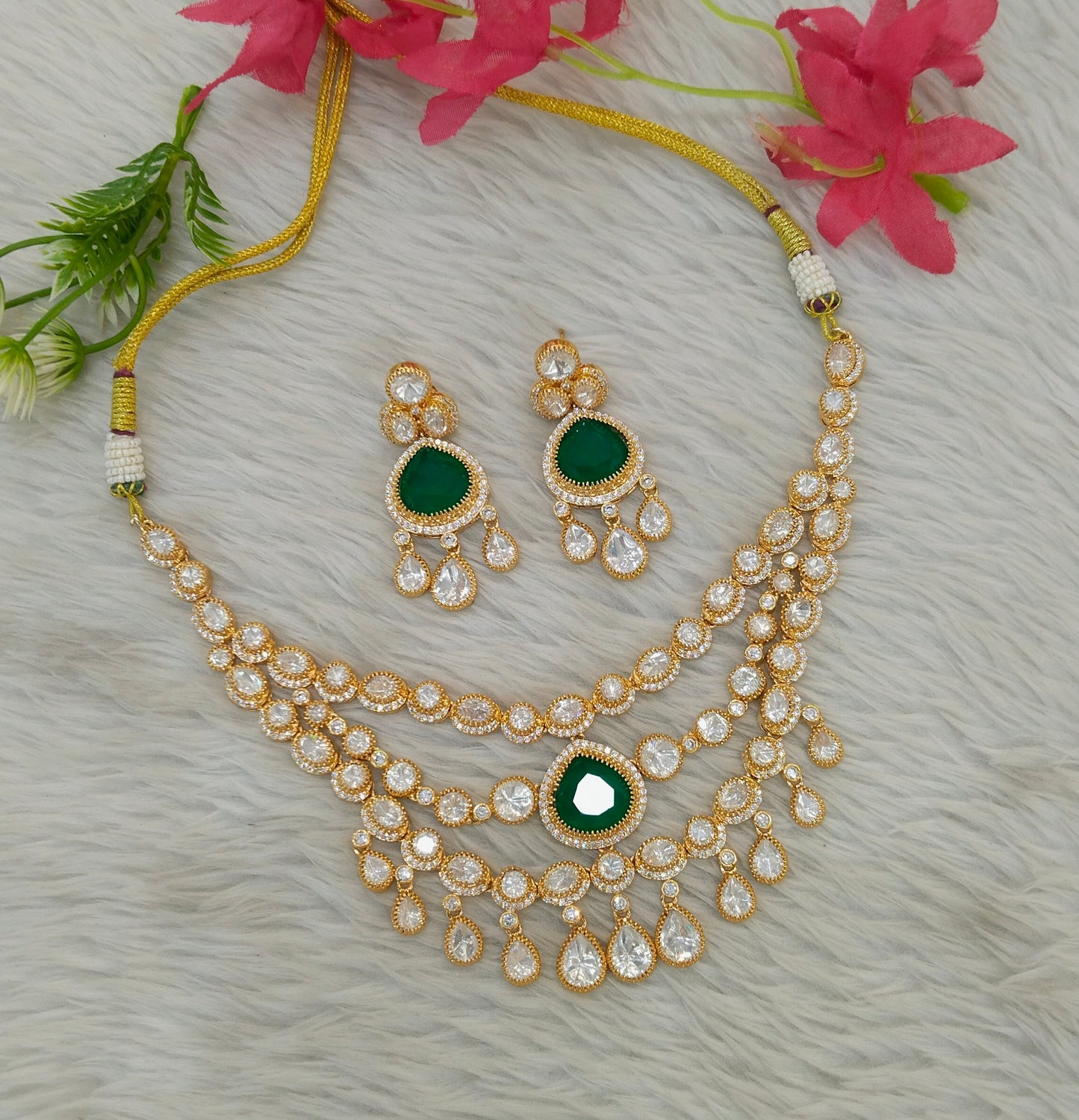 Gold Uncut Green Kundan Necklace Jewellery Erin Set