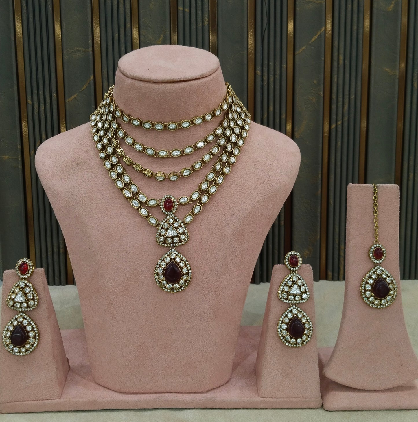 Gold Moissanite Maroon Kundan Necklace Jewellery Shipa Set