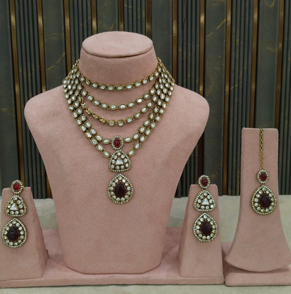 Gold Moissanite Maroon Kundan Necklace Jewellery Shipa Set