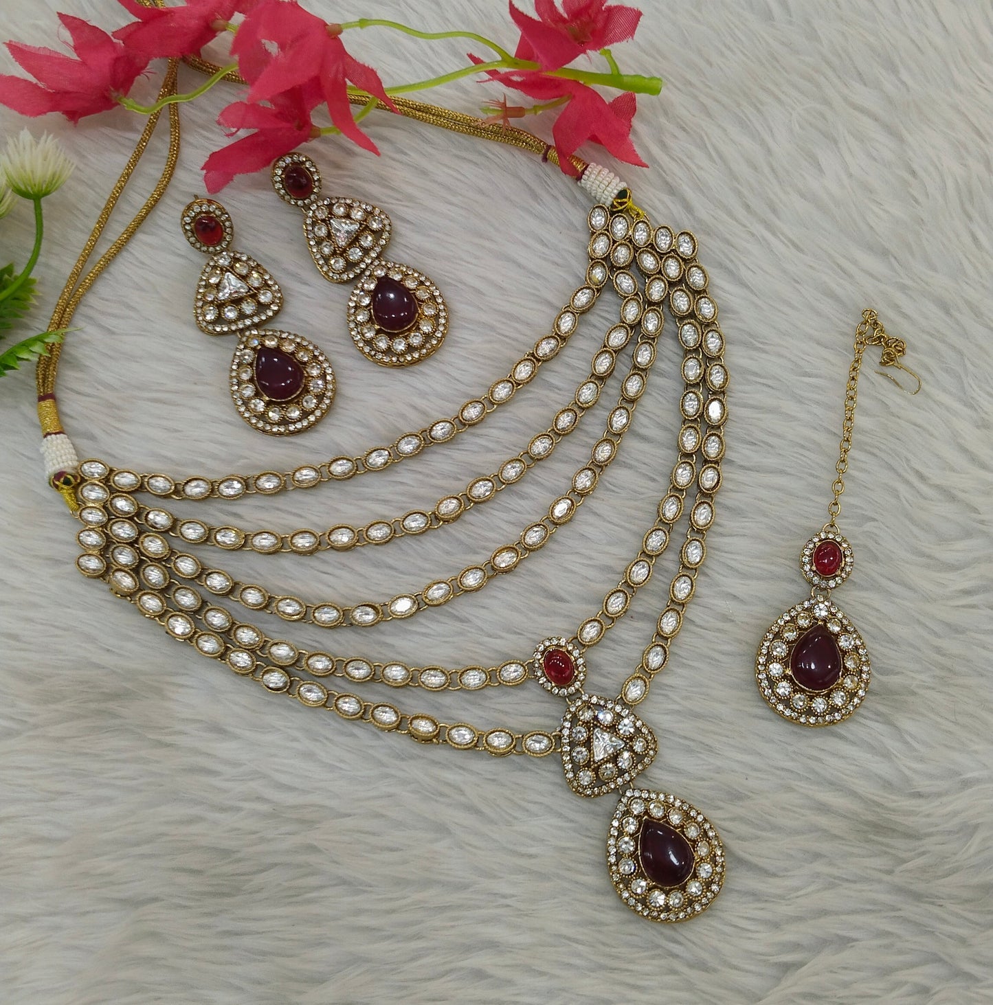 Gold Moissanite Maroon Kundan Necklace Jewellery Shipa Set