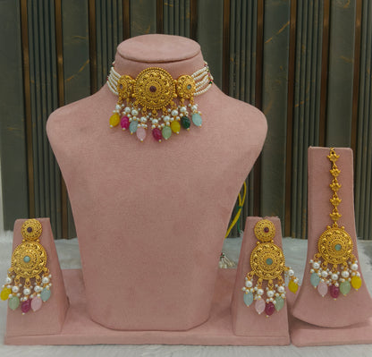 Gold Multi Color Polki Choker Jewellery Polki Lipi Set