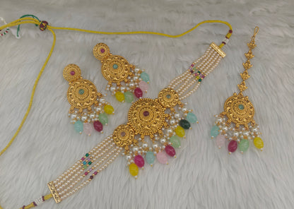 Gold Multi Color Polki Choker Jewellery Polki Lipi Set