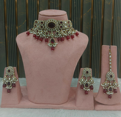 Antique Gold Maroon Choker Jewellery Dolly Set