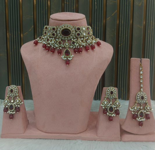 Antique Gold Maroon Choker Jewellery Dolly Set