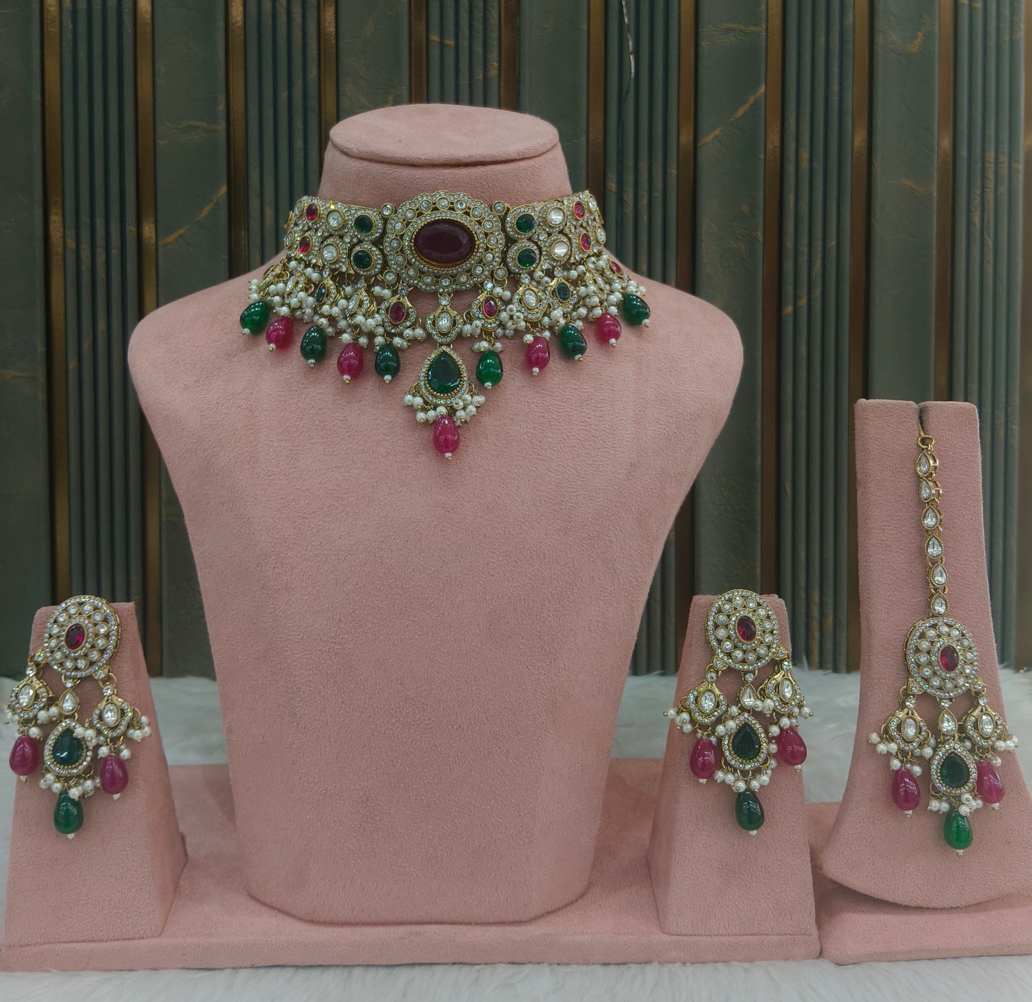 Antique Gold Multi Color Choker Jewellery Dolly Set