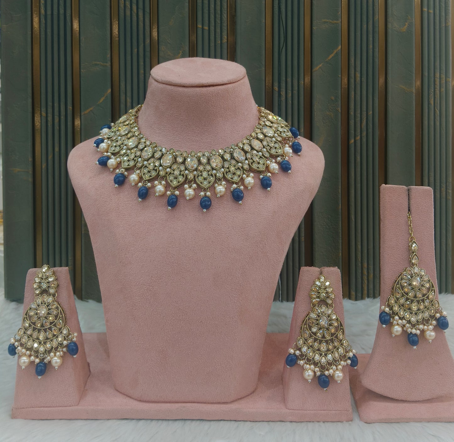 Blue Antique Gold Necklace Jewellery Rasha Set