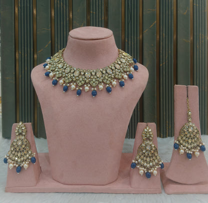 Blue Antique Gold Necklace Jewellery Rasha Set