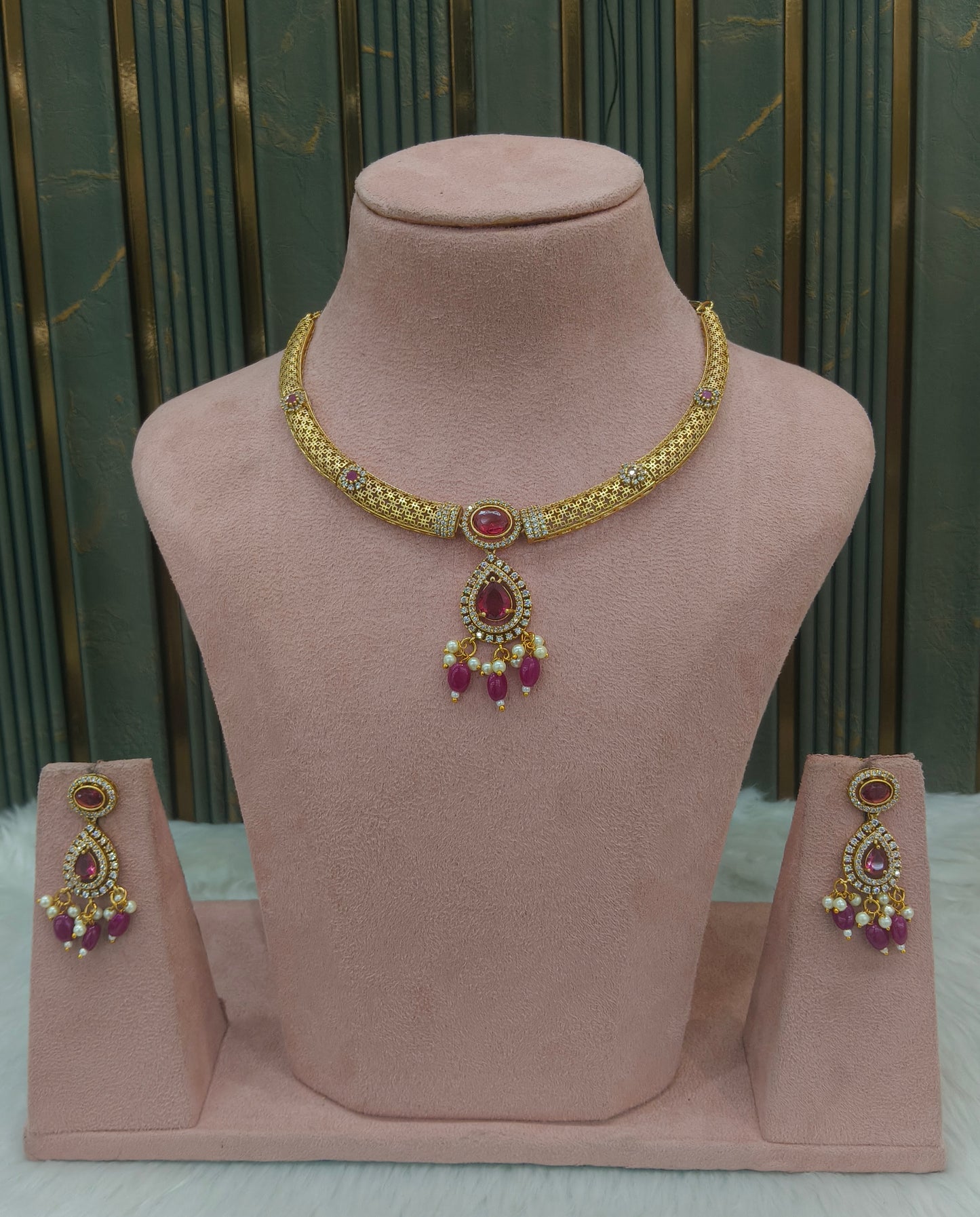 Gold Ruby CZ Necklace Jewellery Simi Set