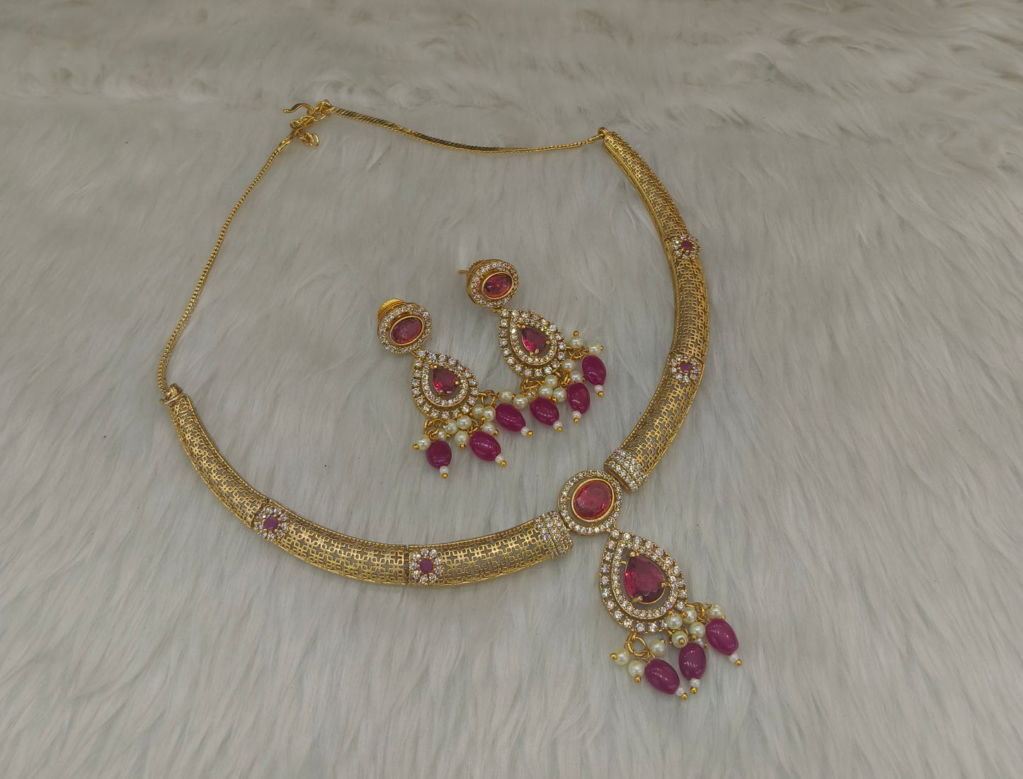 Gold Ruby CZ Necklace Jewellery Simi Set