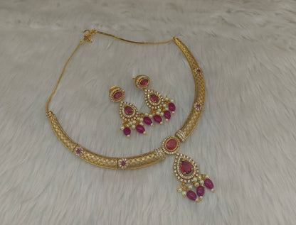 Gold Ruby CZ Necklace Jewellery Simi Set