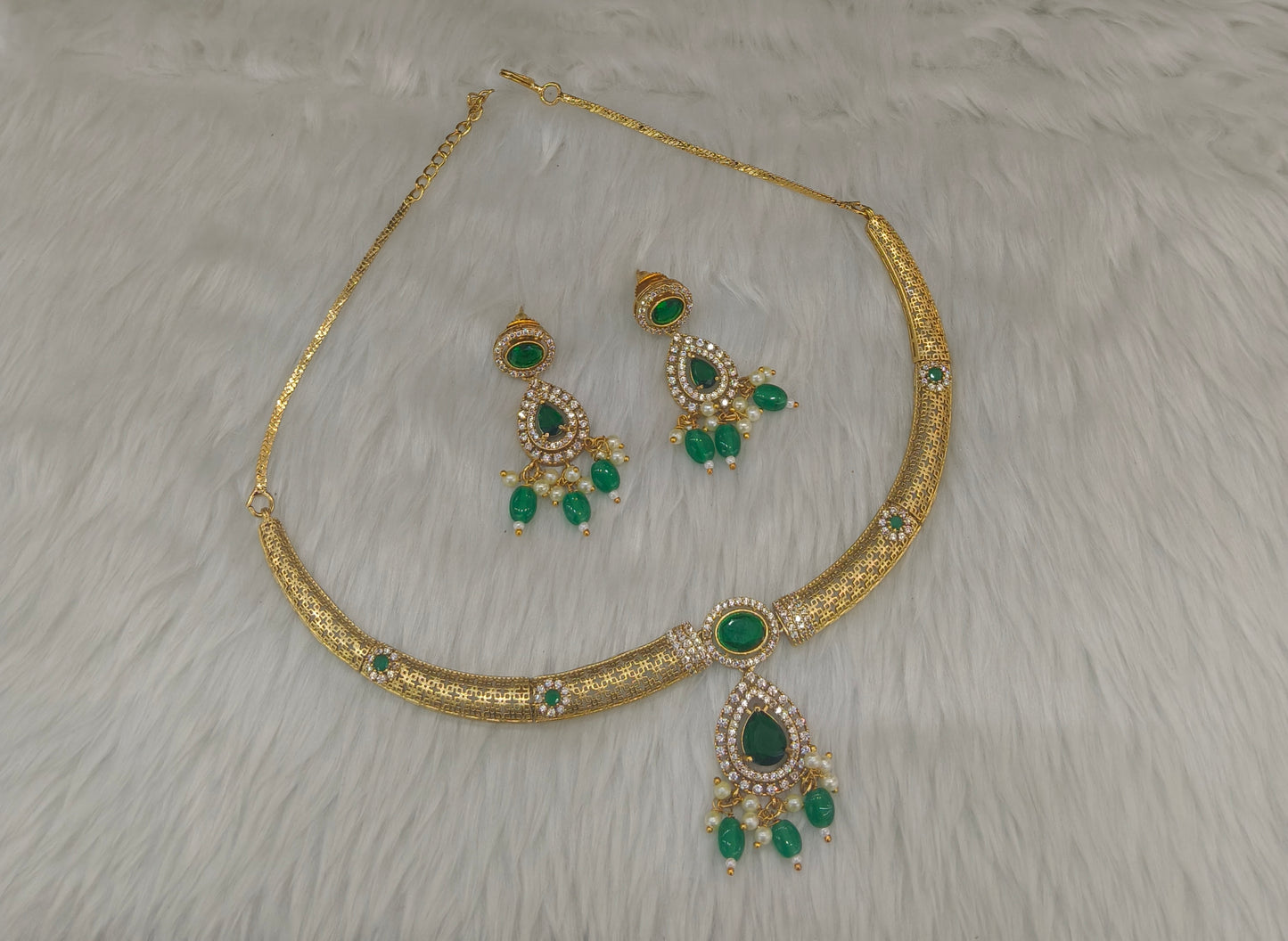 Gold Green CZ Necklace Jewellery Simi Set