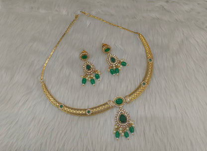 Gold Green CZ Necklace Jewellery Simi Set