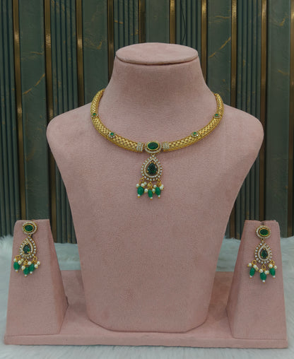 Gold Green CZ Necklace Jewellery Simi Set