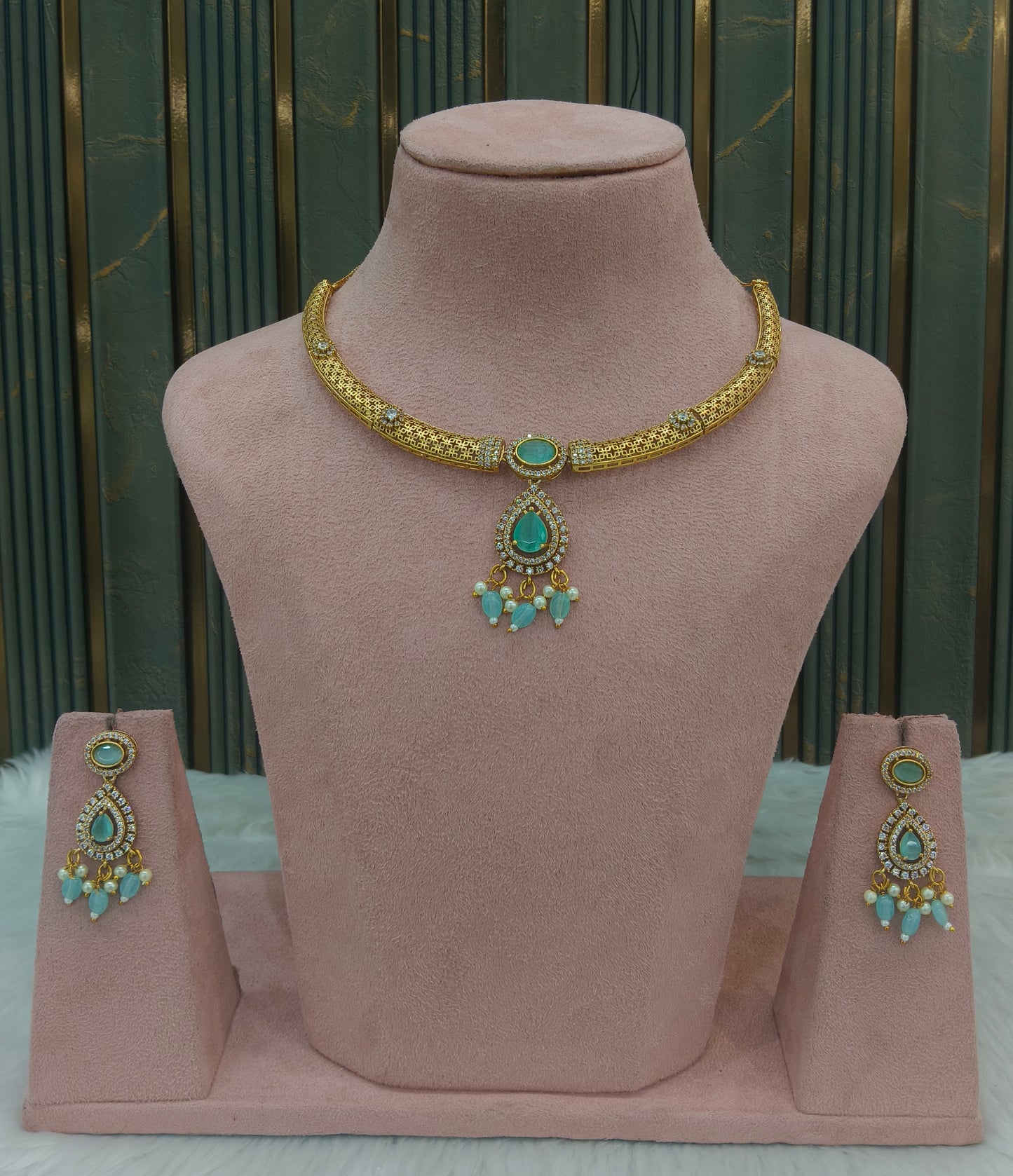 Gold Mint CZ Necklace Jewellery Simi Set