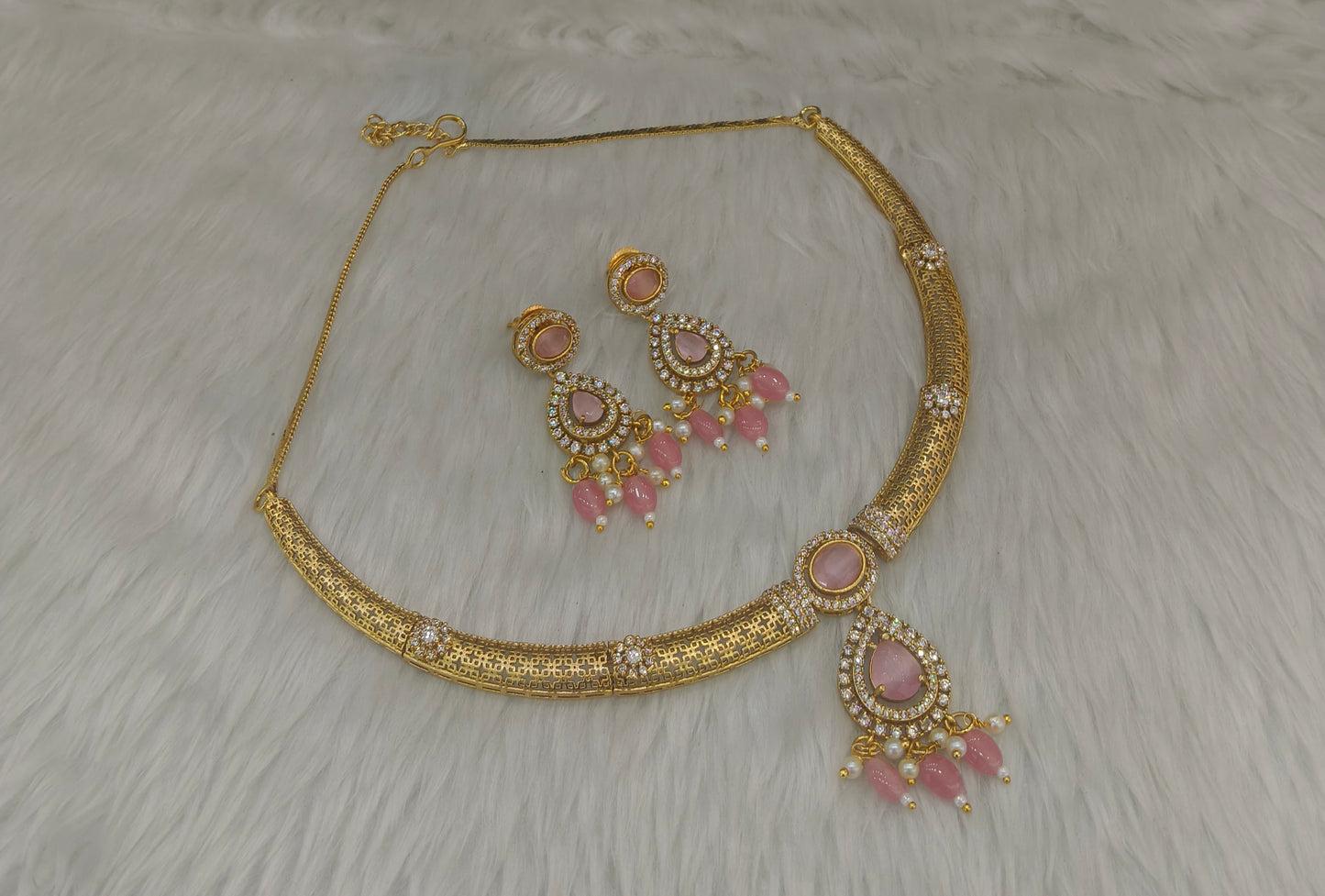 Gold Pink CZ Necklace Jewellery Simi Set