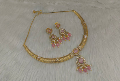 Gold Pink CZ Necklace Jewellery Simi Set