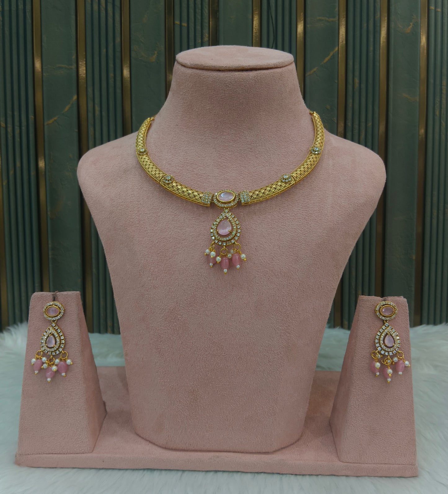 Gold Pink CZ Necklace Jewellery Simi Set