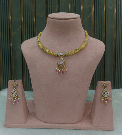 Gold Pink CZ Necklace Jewellery Simi Set