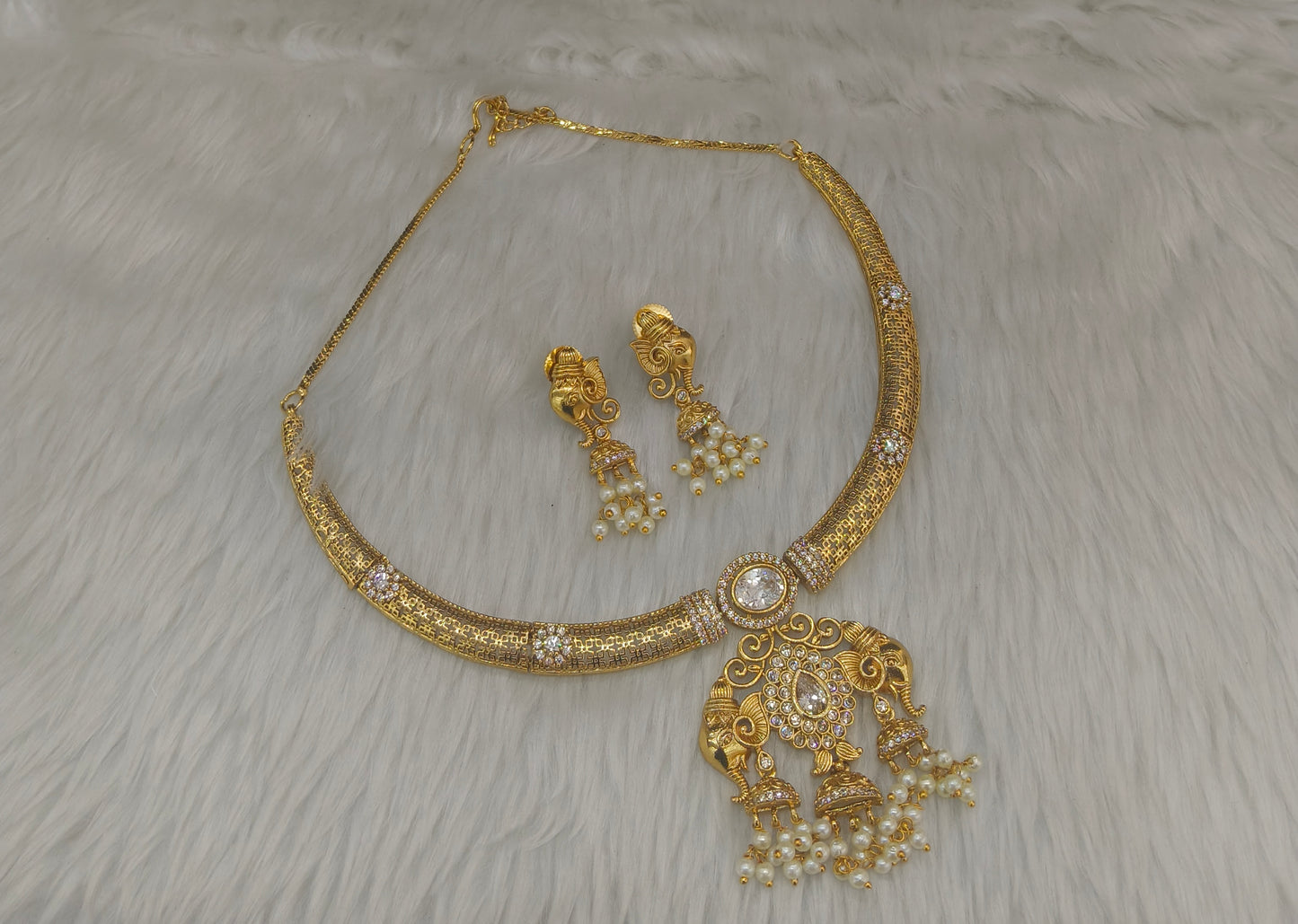 Gold CZ Necklace Jewellery Simi Set