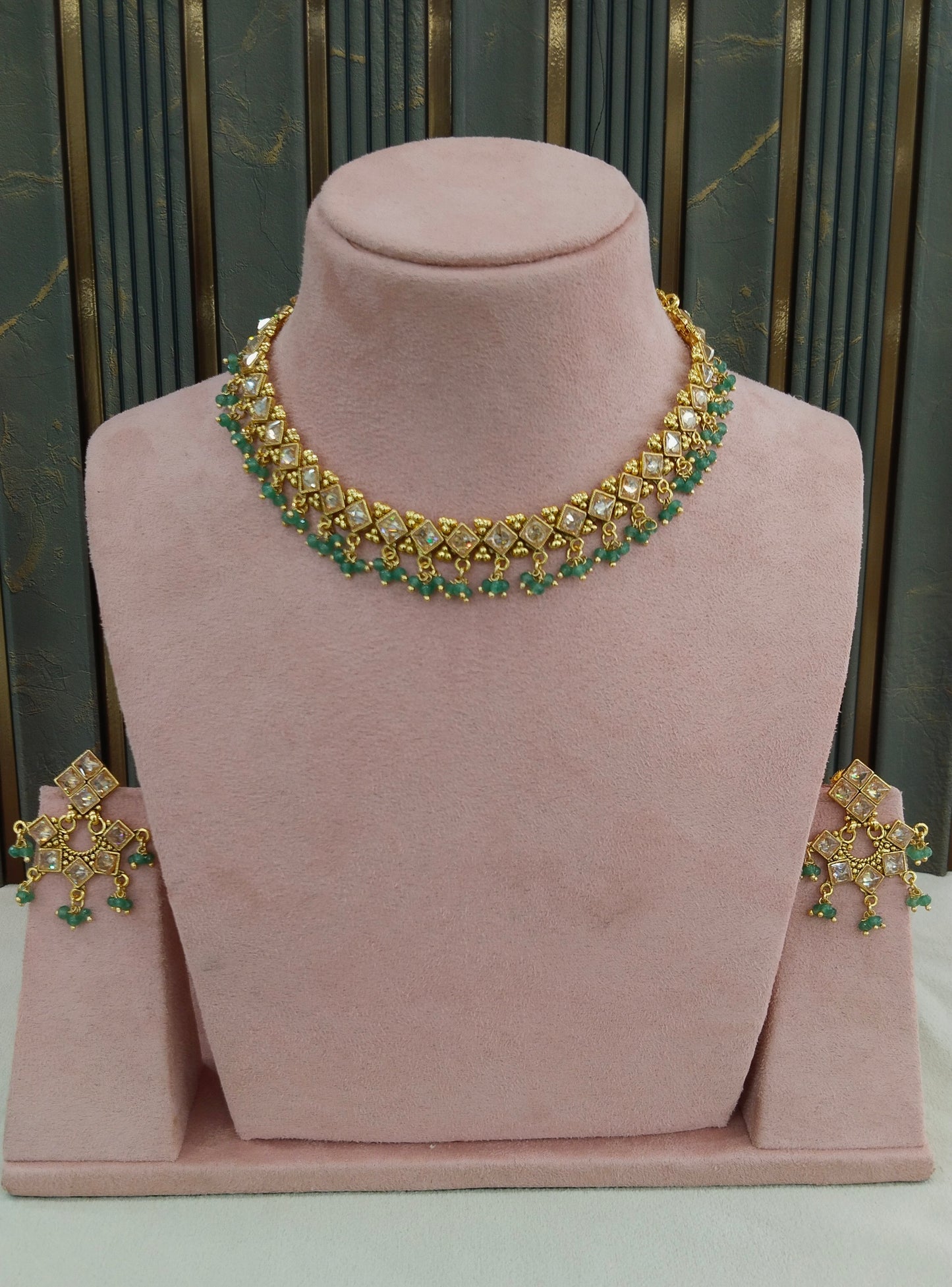 Gold Polki Sage Green Necklace Jewellery Adya Set
