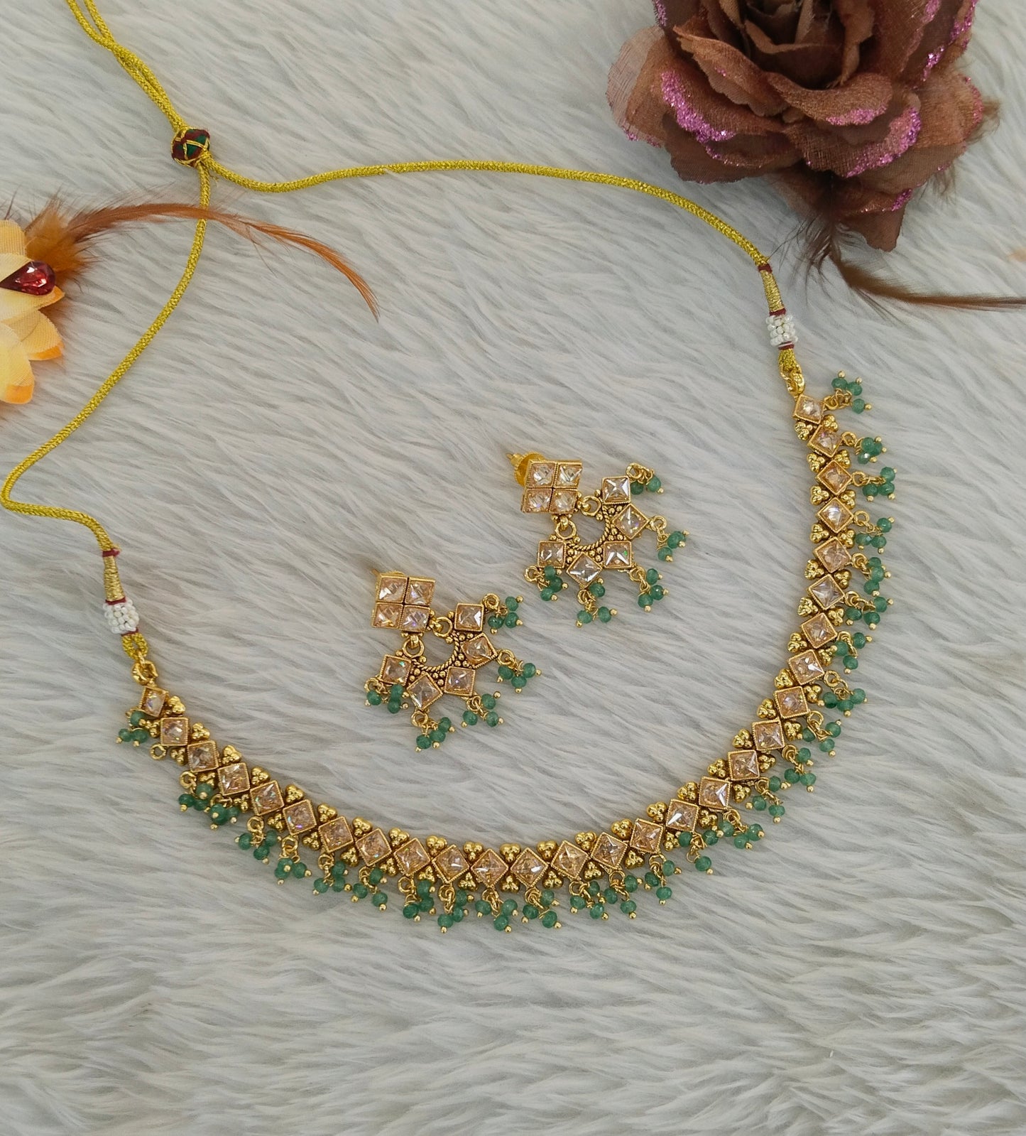 Gold Polki Sage Green Necklace Jewellery Adya Set