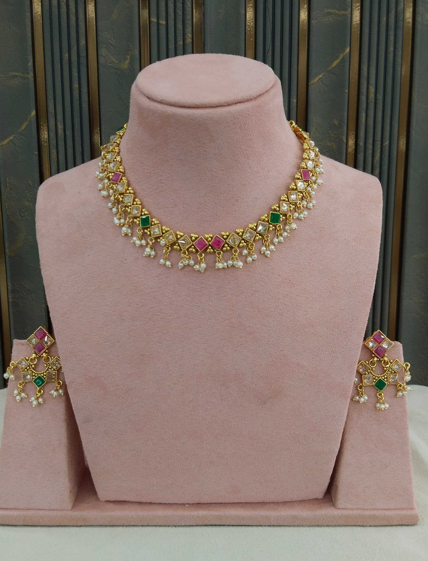 Gold Polki Ruby Green Necklace Jewellery Adya Set